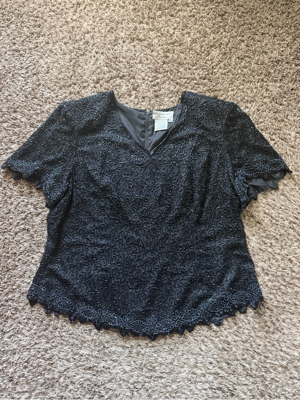 Vintage Papell Boutique Silk Beaded Evening Top 2X Black Formal Glam Party⁠